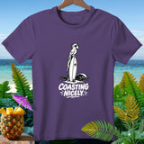 Purple t-shirt with a graphic of a parrot on a surfboard with 