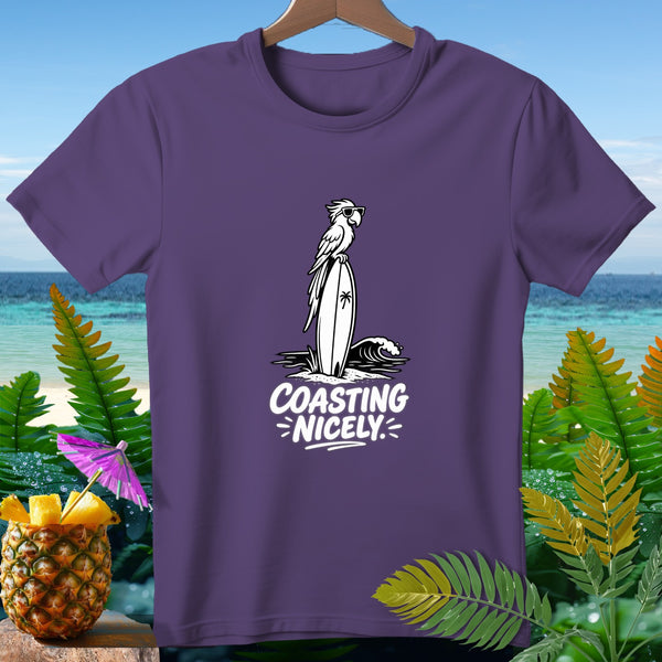 Purple t-shirt with a graphic of a parrot on a surfboard with "COASTING NICELY" text.