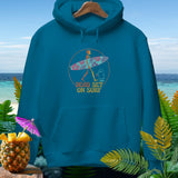Teal hoodie with skeleton surfer graphic and text 
