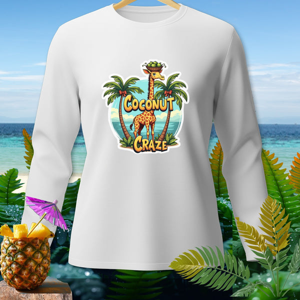 White long-sleeve shirt with a "Coconut Craze" graphic featuring a giraffe.