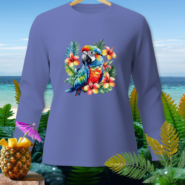 Long sleeve shirt with a colorful parrot and tropical flowers graphic.