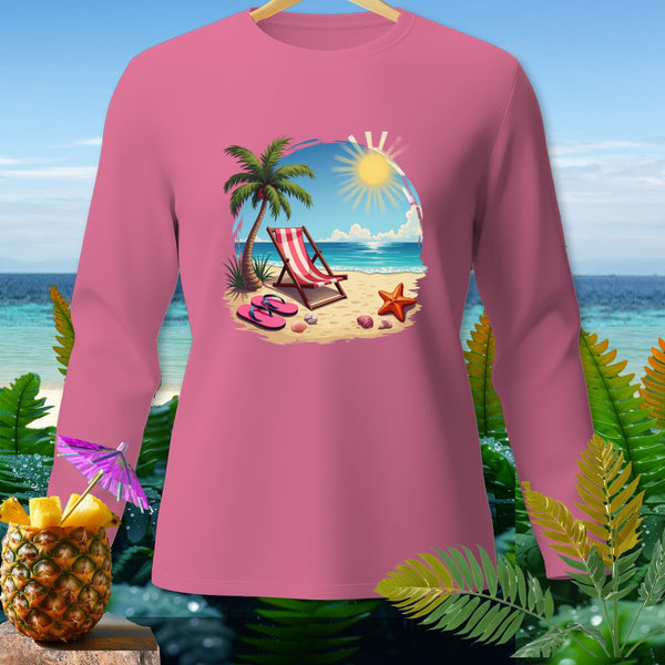 Pink long-sleeve shirt with a beach scene graphic featuring a lounge chair, palm tree, and flip-flops.