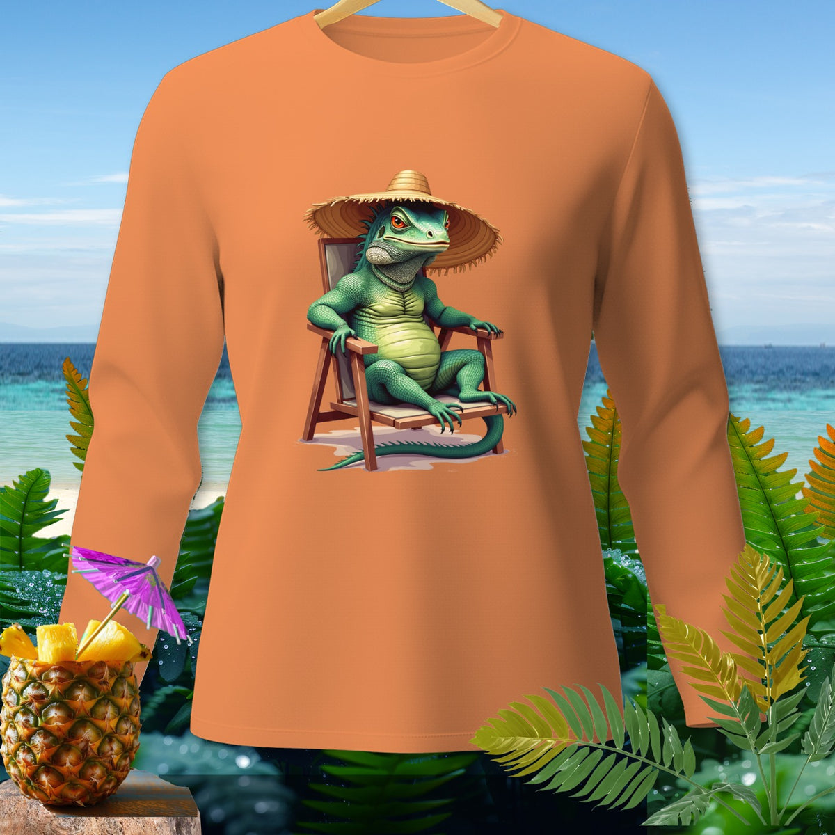 Orange long-sleeve shirt with green iguana wearing a straw hat relaxing in a chair.