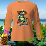 Orange long-sleeve shirt with green iguana wearing a straw hat relaxing in a chair.