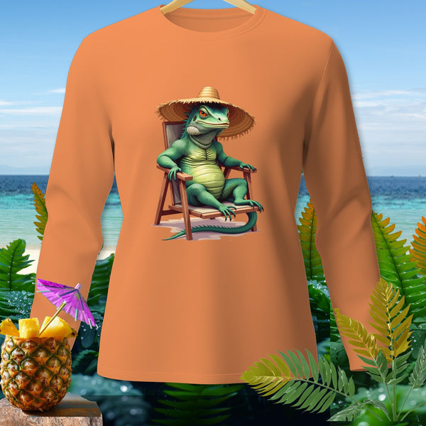 Orange long-sleeve shirt with green iguana wearing a straw hat relaxing in a chair.