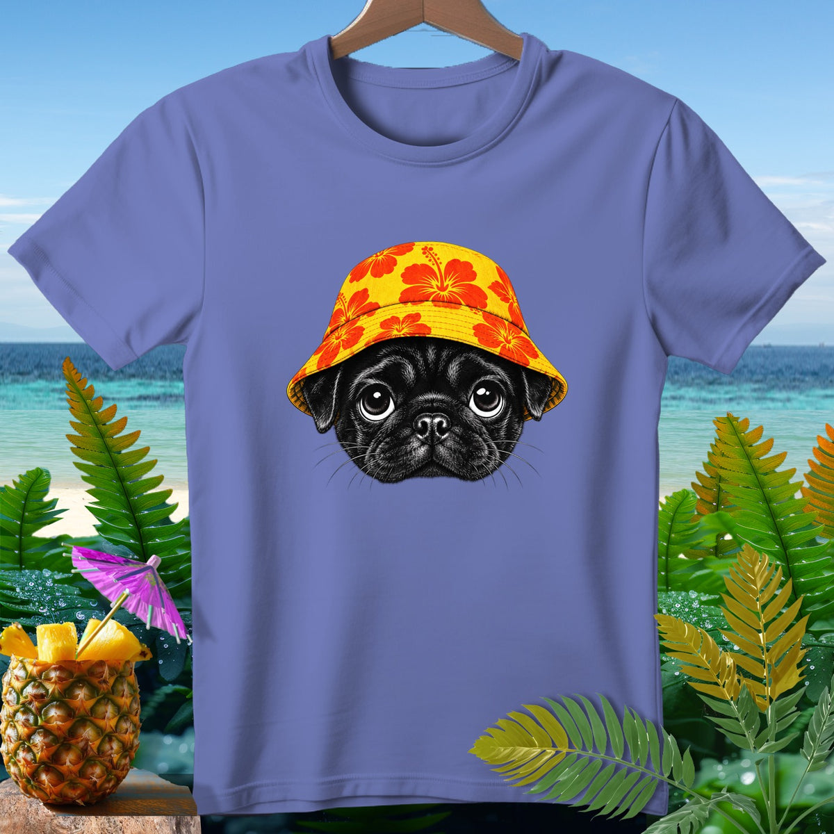 Periwinkle t-shirt with a black pug wearing a yellow hibiscus bucket hat.