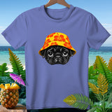 Periwinkle t-shirt with a black pug wearing a yellow hibiscus bucket hat.