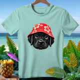Mint t-shirt with a black lab puppy wearing a red hibiscus bucket hat.