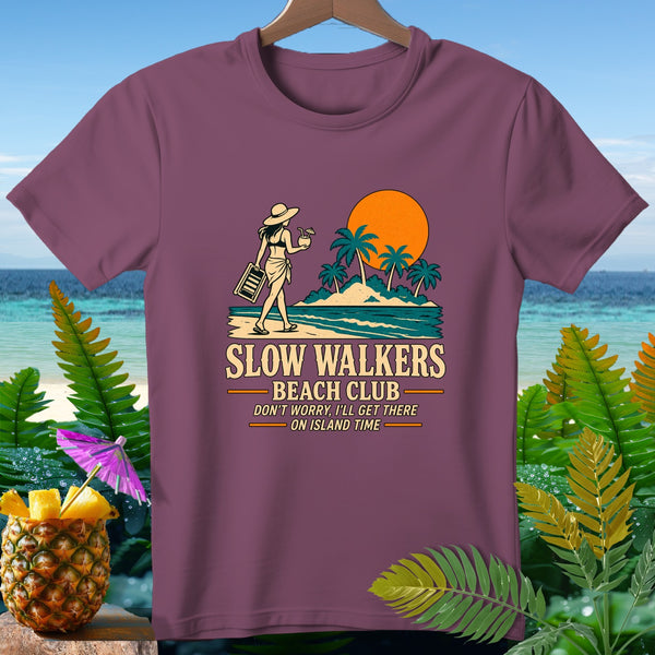 T-shirt with "Slow Walkers Beach Club" text and beach scene graphic.