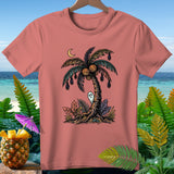 Palm tree with pumpkins, bats, and a ghost, on a pink t-shirt.