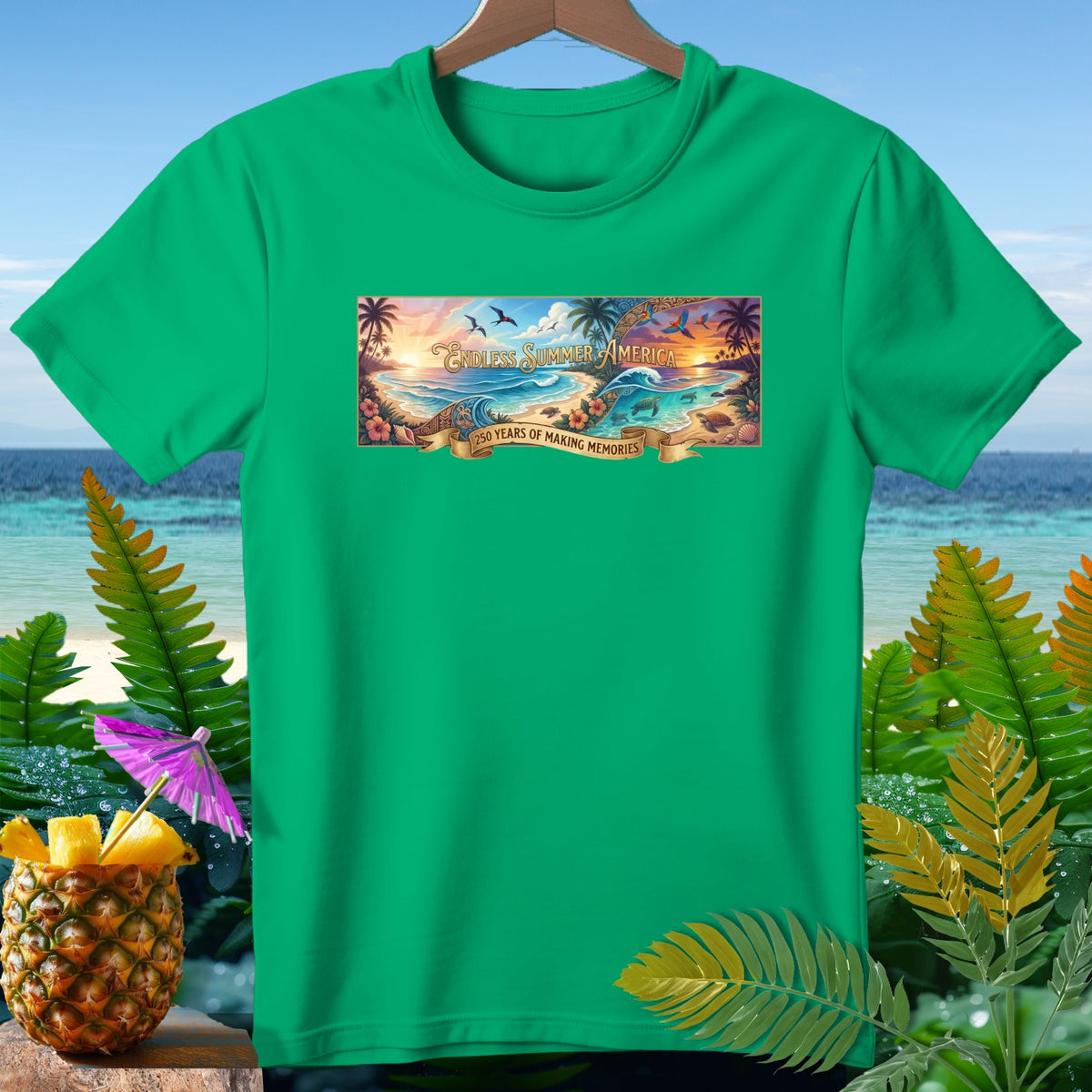 Green t-shirt with "Endless Summer America 250 Years of Making Memories" beach graphic.