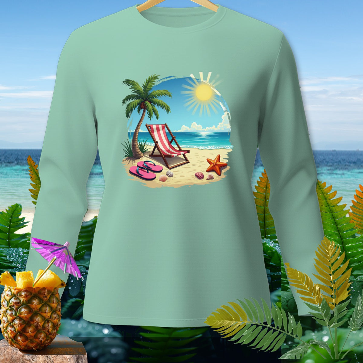 Long sleeve shirt with a tropical beach scene graphic featuring a lounge chair and palm tree.