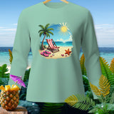 Long sleeve shirt with a tropical beach scene graphic featuring a lounge chair and palm tree.