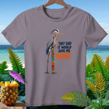 Great blue heron standing on a tiki totem with text that says 