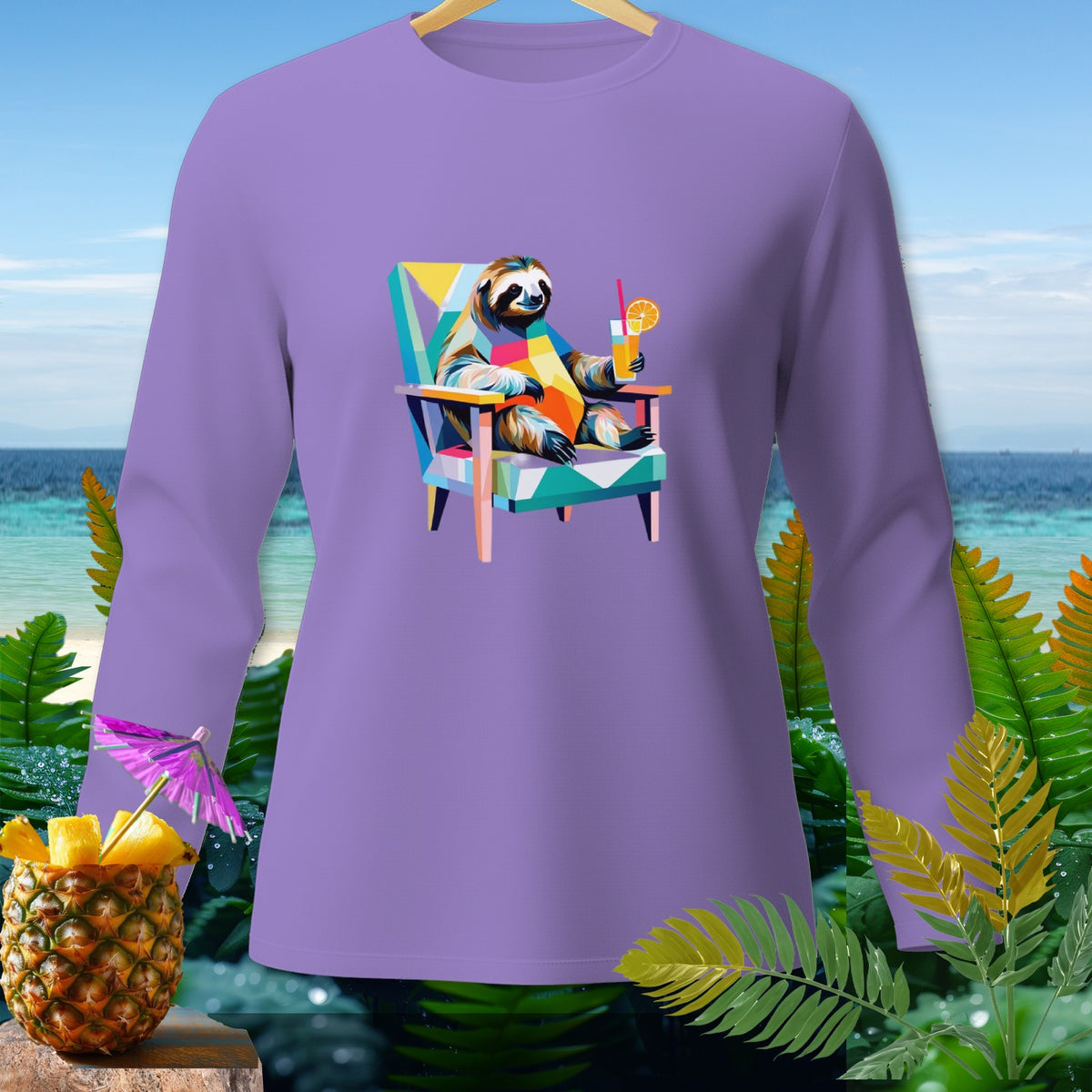 Purple long-sleeve shirt with pop art sloth holding a drink on a beach background.