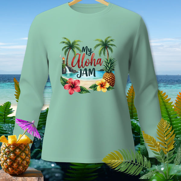 Mint long-sleeve shirt with "My Aloha JAM" tropical graphic and pineapple drink.