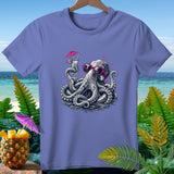 T-shirt with a graphic of a sunglasses-wearing octopus holding a cocktail.
