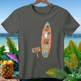 Dark gray t-shirt with surfboard graphic featuring pumpkin, ghost, moon, and waves.