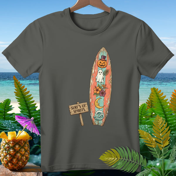 Dark gray t-shirt with surfboard graphic featuring pumpkin, ghost, moon, and waves.