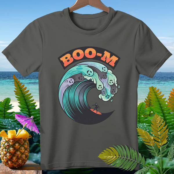 T-shirt with a wave graphic containing ghosts and a surfer, and text "BOO-M".