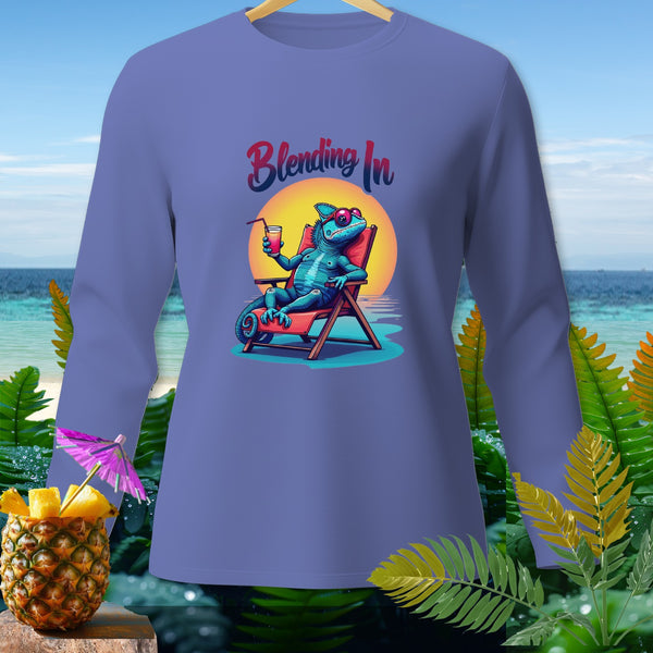 Long sleeve shirt with a blue chameleon relaxing in a beach chair, text "Blending In".