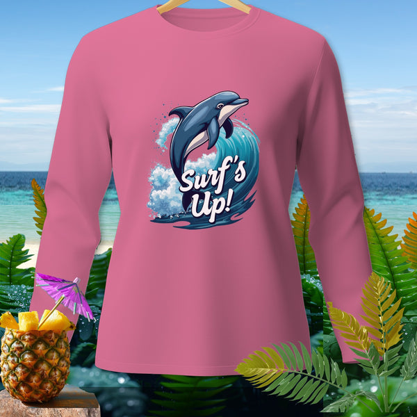 Pink long-sleeve shirt with a dolphin jumping on a wave graphic and "Surf's Up!" text.