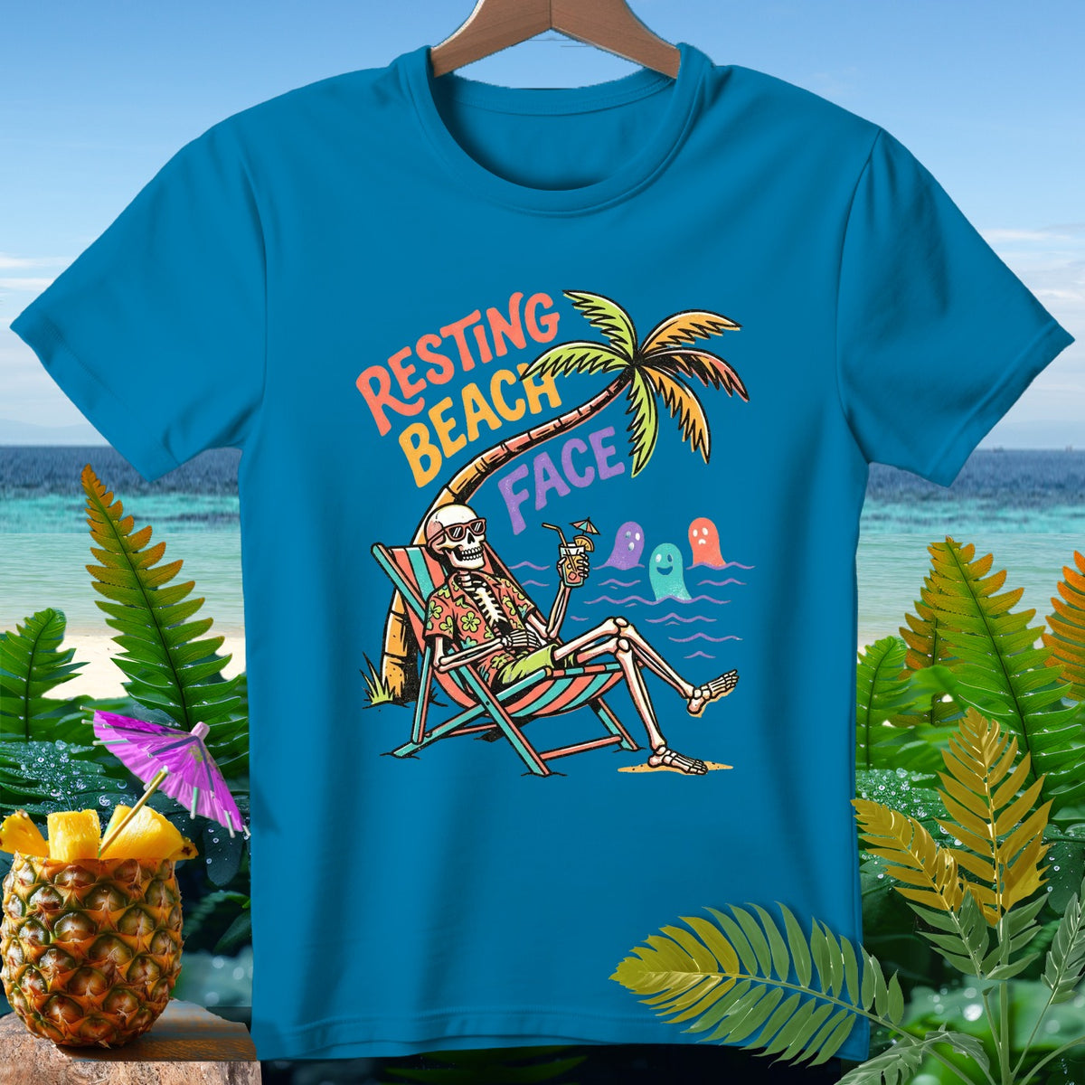 Skeleton relaxing in a beach chair with "Resting Beach Face" text.