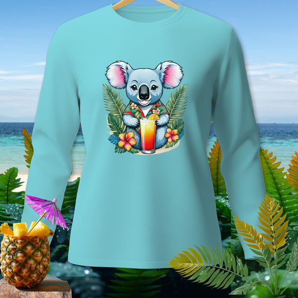 Light blue long-sleeve shirt with a cartoon koala drinking a cocktail amidst tropical foliage.