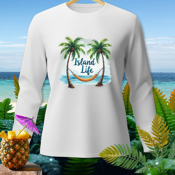 White long-sleeve shirt with "Island Life" text and palm trees graphic.