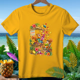 Two cartoon squirrels make smoothies at a tropical stand with fruit and flowers.