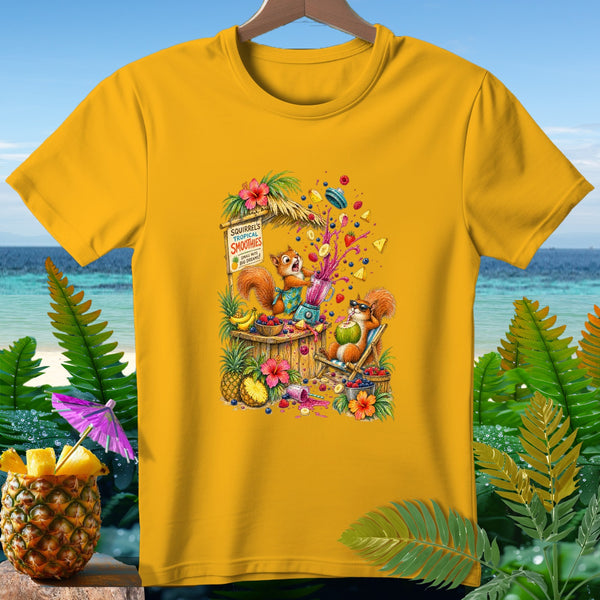 Two cartoon squirrels make smoothies at a tropical stand with fruit and flowers.
