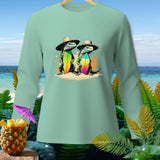 Light green long-sleeve shirt with two iguanas in hats holding surfboards.