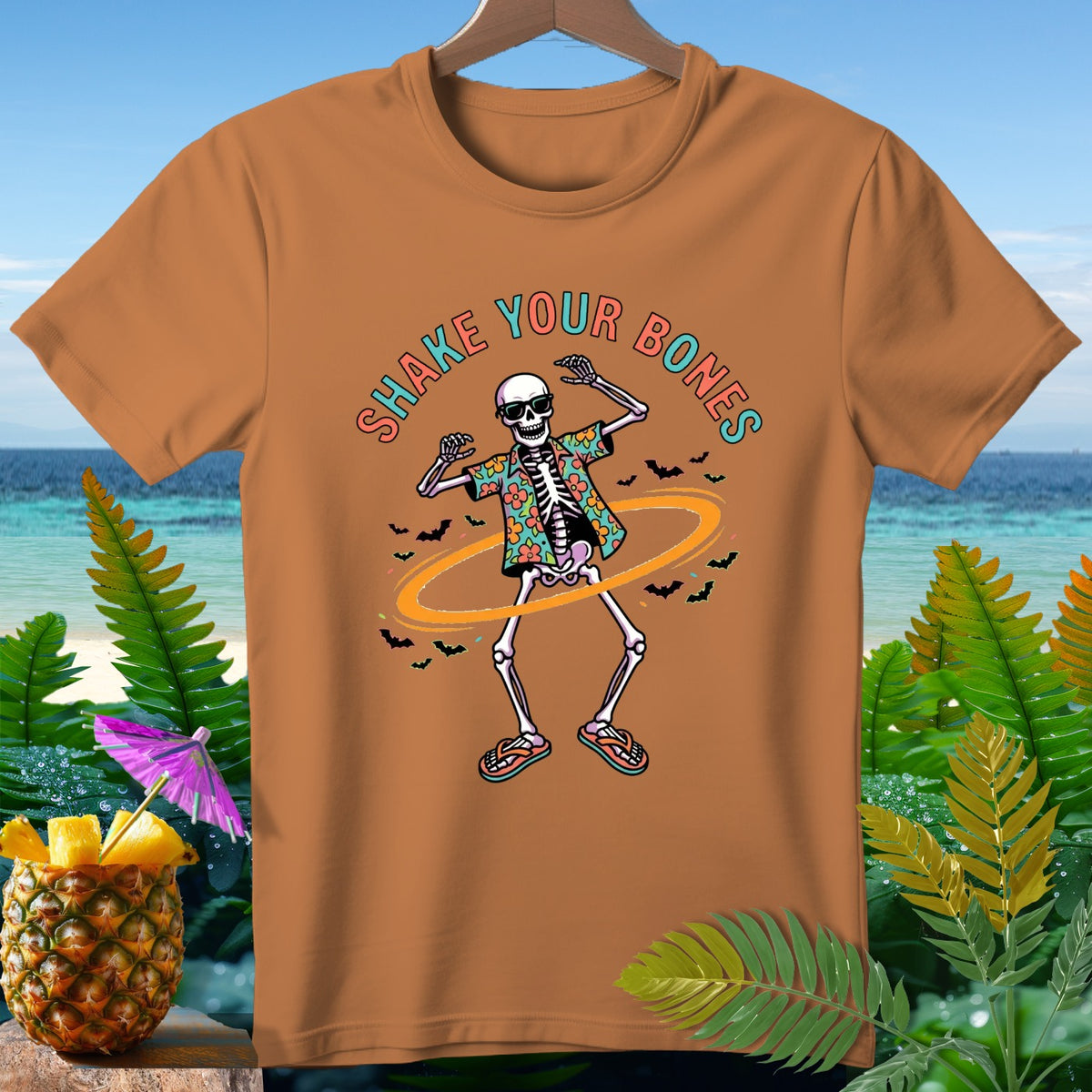 Skeleton wearing sunglasses and Hawaiian shirt, text "Shake Your Bones".