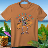Skeleton wearing sunglasses and Hawaiian shirt, text 