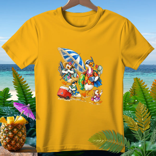 Ducks in Hawaiian shirts and hats on a beach with a cooler and umbrella.