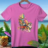 Bulldog and chihuahua pull wagon with beach items, 