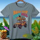 Skeleton driving Jeep with surfboards, pumpkins, and ghosts, 