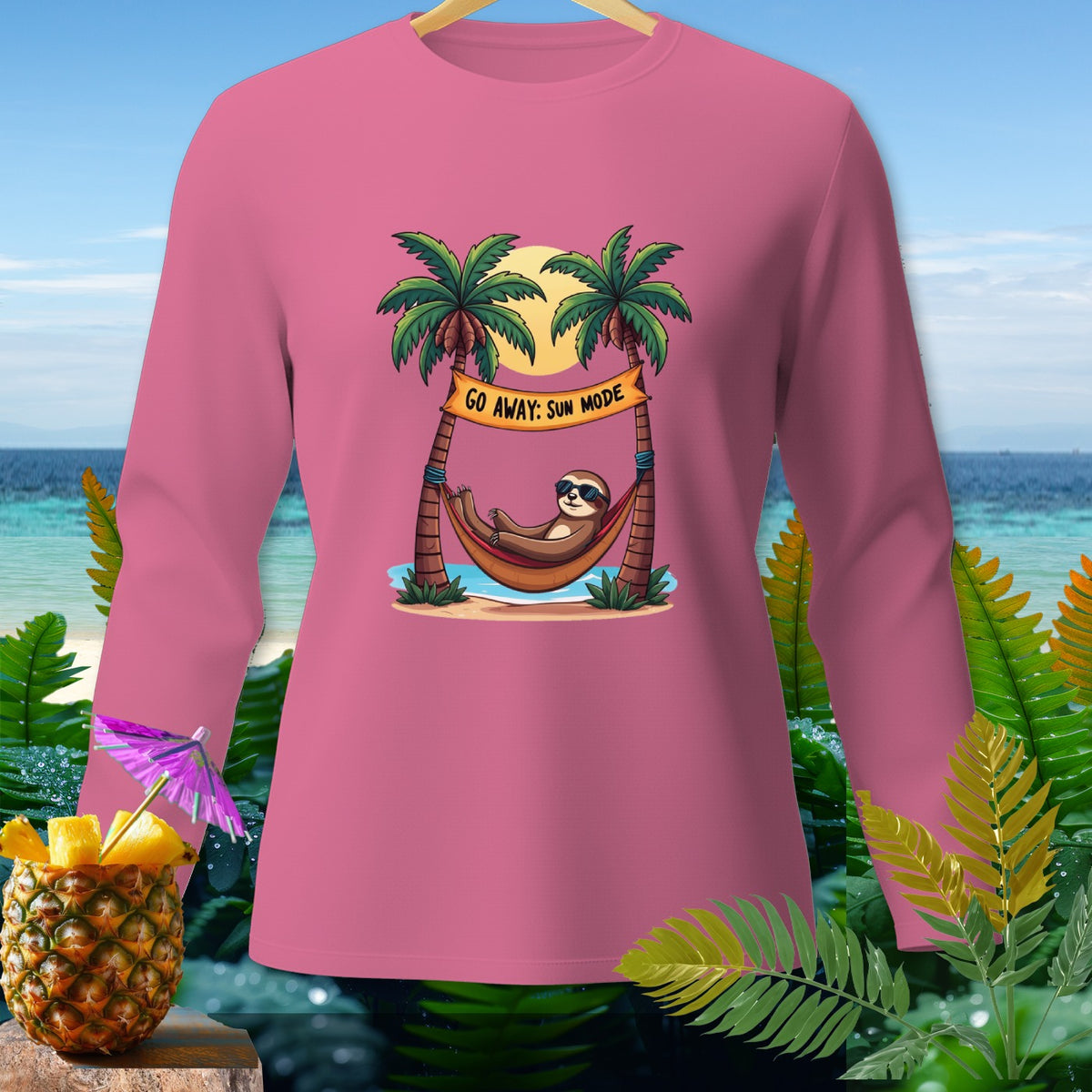 Pink long sleeve shirt with sloth in hammock and "GO AWAY: SUN MODE" banner.