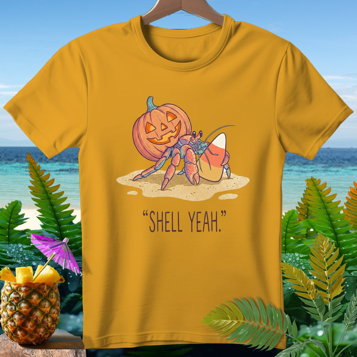 Hermit crab with pumpkin shell and candy corn, "SHELL YEAH."