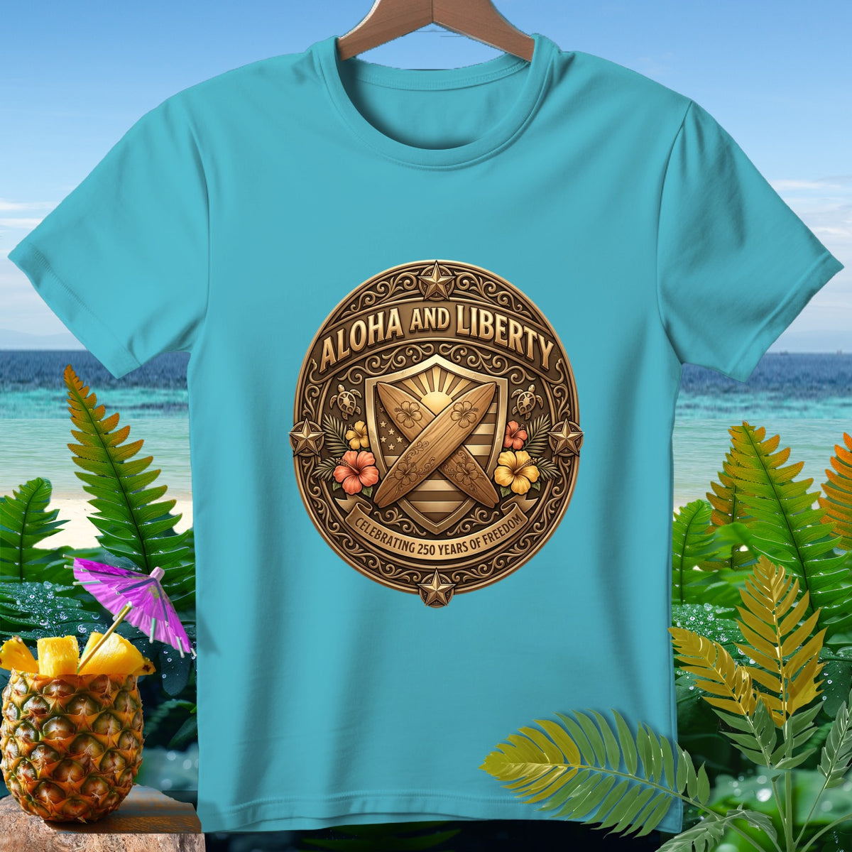 Aqua t-shirt with "Aloha and Liberty" and "Celebrating 250 Years of Freedom" emblem.