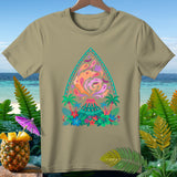 T-shirt with colorful tropical volcano, ghosts, bats, and palm trees design.