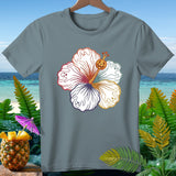 Gray t-shirt with a hibiscus flower featuring ghosts and a jack-o'-lantern.