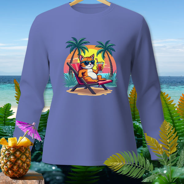 Purple long-sleeve shirt with illustration of cat relaxing on beach with tropical drink.