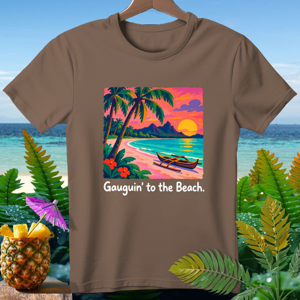 Brown t-shirt with "Gauguin' to the Beach" text and tropical sunset beach scene.