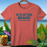 Coral t-shirt with blue text asking 
