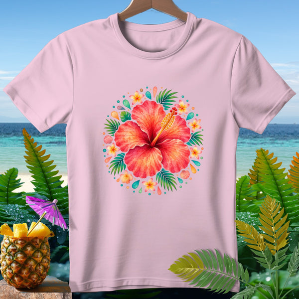 Pink t-shirt with a circular floral and tropical leaf design featuring a large red hibiscus.