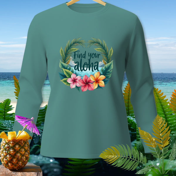 Teal long-sleeve shirt with tropical "Find your aloha" graphic and pineapple garnish.