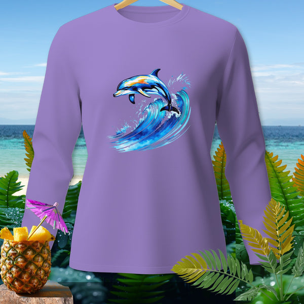 Purple long-sleeved shirt with a jumping dolphin on a wave graphic.
