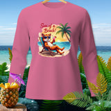 Pink long-sleeve shirt with a cartoon fox relaxing on a beach chair.