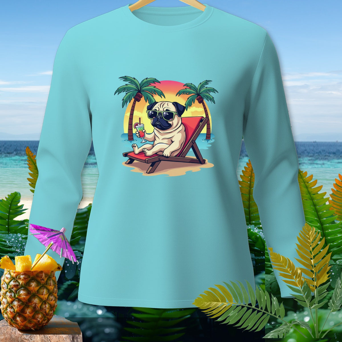 Light blue long-sleeve shirt with a pug in sunglasses on a beach chair.